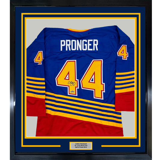 Framed Facsimile Autographed Chris Pronger 35x39 St. Louis Blue Reprint Laser Auto Hockey Jersey