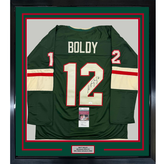 Framed Autographed/Signed Matt Boldy 35x39 Minnesota Green Hockey Jersey JSA COA