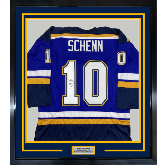 Framed Autographed/Signed Brayden Schenn 35x39 St. Louis Blue Hockey Jersey JSA COA