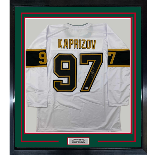 Framed Autographed/Signed Kirill Kaprizov 35x39 Minnesota White/Gold Hockey Jersey Beckett BAS COA