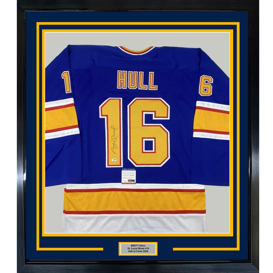 Framed Autographed/Signed Brett Hull 35x39 St. Louis Retro Blue Hockey Jersey PSA/DNA COA