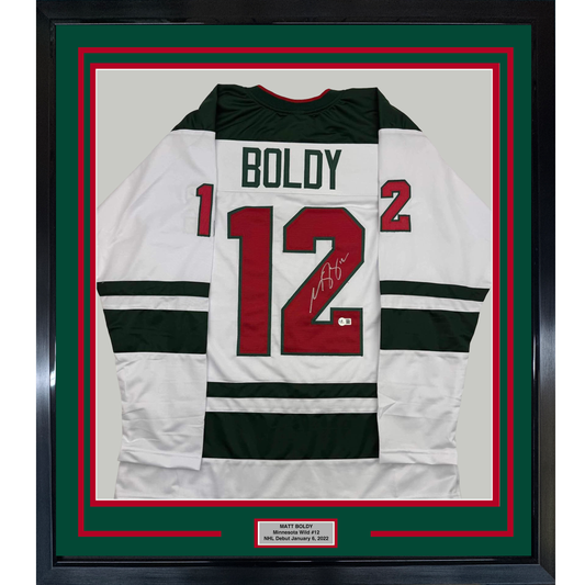 Framed Autographed/Signed Matt Boldy 35x39 Minnesota White Hockey Jersey Beckett BAS COA