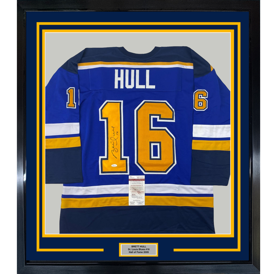 Framed Autographed/Signed Brett Hull 35x39 St. Louis Blue Yellow Numbers Hockey Jersey JSA COA