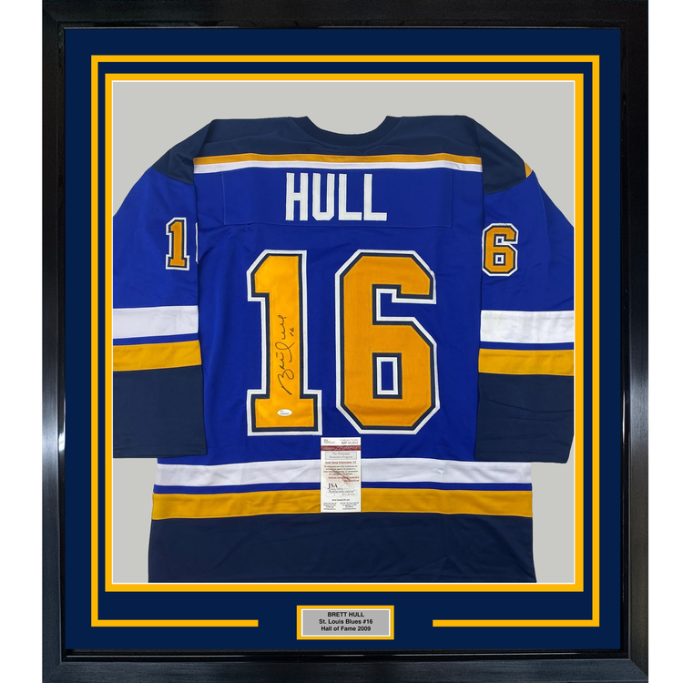 Framed Autographed/Signed Brett Hull 35x39 St. Louis Blue Yellow Numbers Hockey Jersey JSA COA