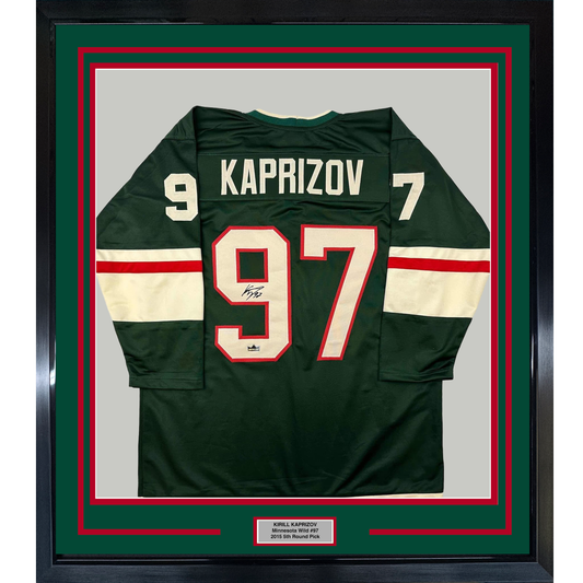 Framed Facsimile Autographed Kirill Kaprizov 35x39 Minnesota Green Reprint Laser Auto Hockey Jersey