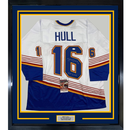 Framed Autographed/Signed Brett Hull HOF 2009 35x39 St. Louis Retro White Hockey Jersey JSA COA