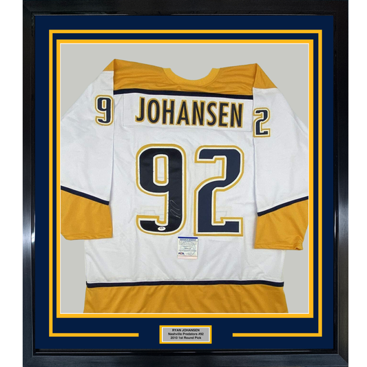 Framed Autographed/Signed Ryan Johansen 35x39 Nashville White Hockey Jersey PSA/DNA COA