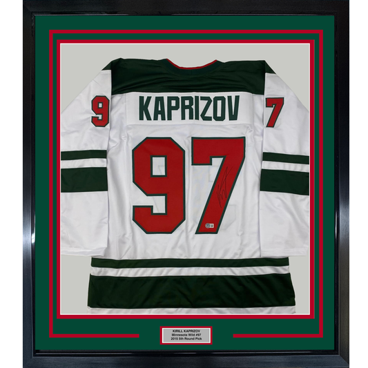 Framed Autographed/Signed Kirill Kaprizov 35x39 Minnesota White Hockey Jersey Beckett BAS COA