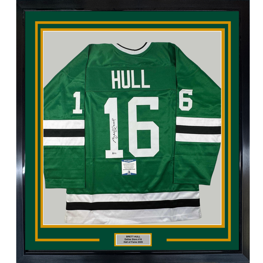 Framed Autographed/Signed Brett Hull 35x39 Dallas Green Hockey Jersey Beckett BAS COA