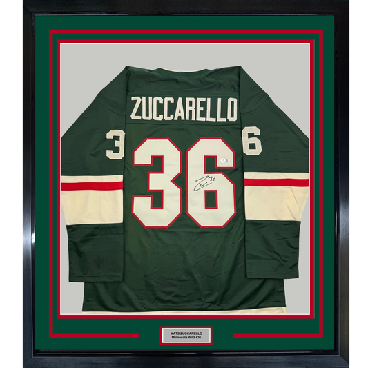 Framed Autographed/Signed Mats Zuccarello 35x39 Minnesota Green Hockey Jersey Beckett BAS COA