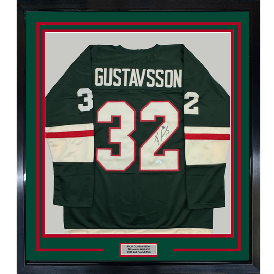 Framed Autographed/Signed Filip Gustavsson 35x39 Minnesota Green Hockey Jersey JSA COA