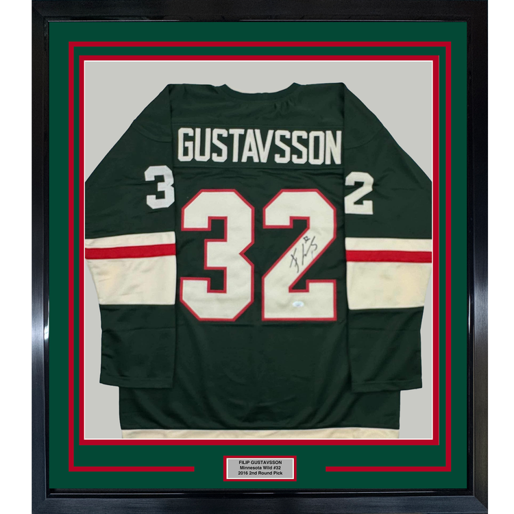 Framed Autographed/Signed Filip Gustavsson 35x39 Minnesota Green Hockey Jersey JSA COA