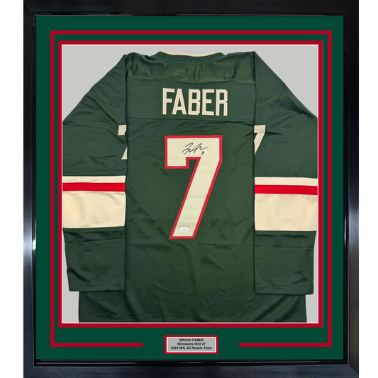 Framed Autographed/Signed Brock Faber 35x39 Minnesota Green Hockey Jersey JSA COA