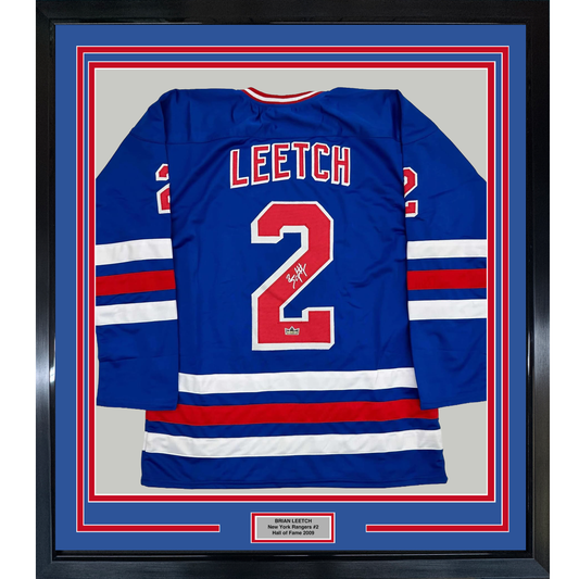 Framed Facsimile Autographed Brian Leetch 35x39 New York Blue Reprint Laser Auto Hockey Jersey