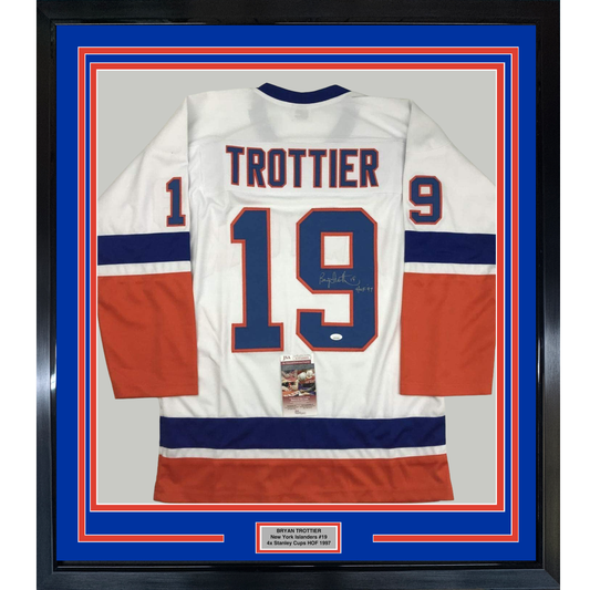 Framed Autographed/Signed Bryan Trottier HOF 97 35x39 New York White Hockey Jersey JSA COA