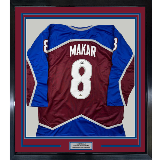 Framed Facsimile Autographed Cale Makar 35x39 Colorado Maroon Reprint Laser Auto Hockey Jersey