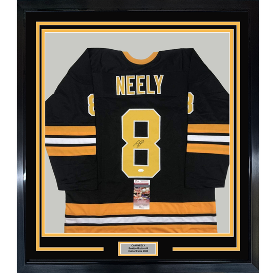 Framed Autographed/Signed Cam Neely 35x39 Boston Black Hockey Jersey JSA COA