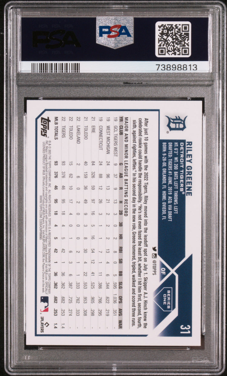 Graded 2023 Topps Riley Greene #31 Rookie RC Baseball Card PSA 10 Gem Mint
