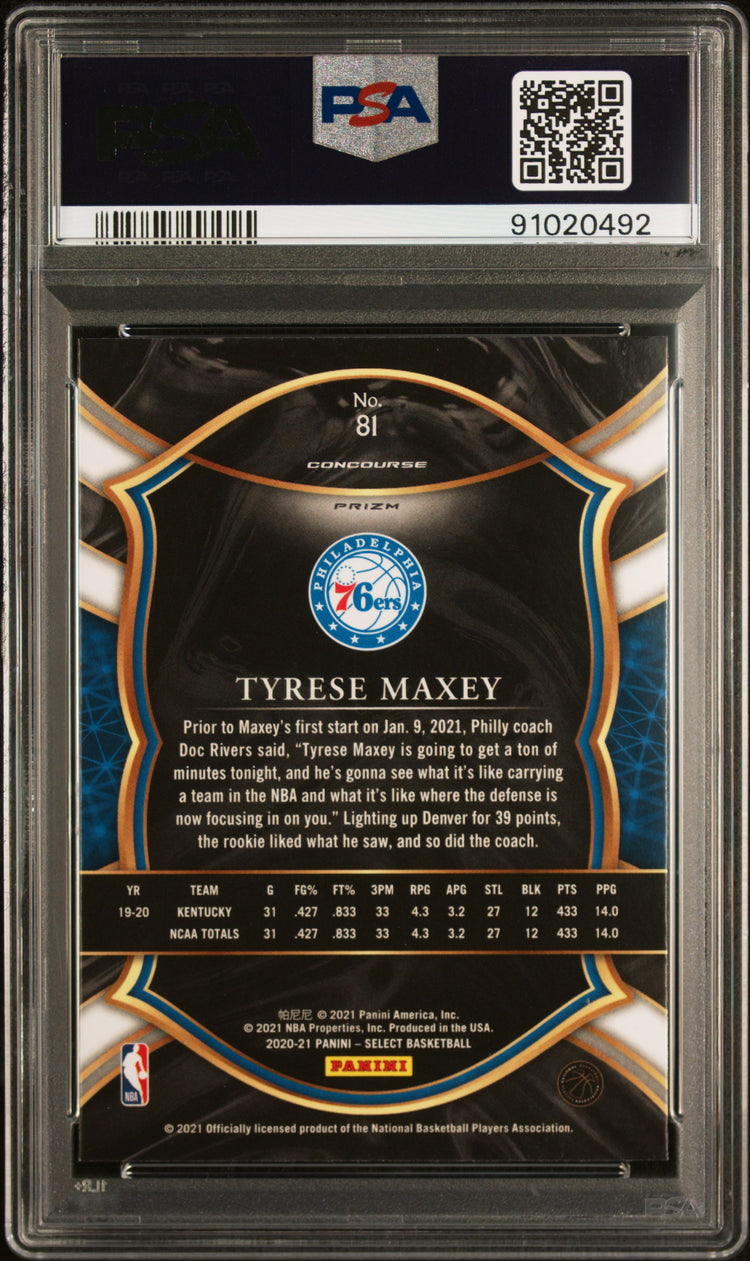 Graded 2020 Panini Select Tyrese Maxey #81 Red/White/Green Cracked Ice Rookie RC Basketball Card PSA 10 Gem Mint