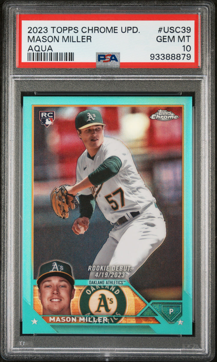 Graded 2023 Topps Chrome Update Mason Miller #USC39 Aqua #/199 Rookie RC Baseball Card PSA 10 Gem Mint