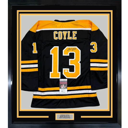Framed Autographed/Signed Charlie Coyle 35x39 Boston Black Hockey Jersey JSA COA