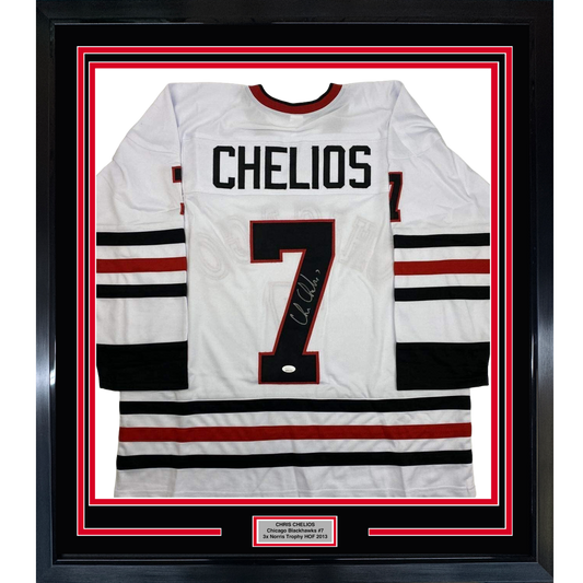 Framed Autographed/Signed Chris Chelios 35x39 Chicago White Hockey Jersey JSA COA