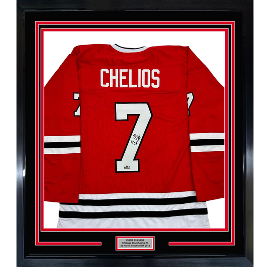 Framed Facsimile Autographed Chris Chelios 35x39 Chicago Red Reprint Laser Auto Hockey Jersey