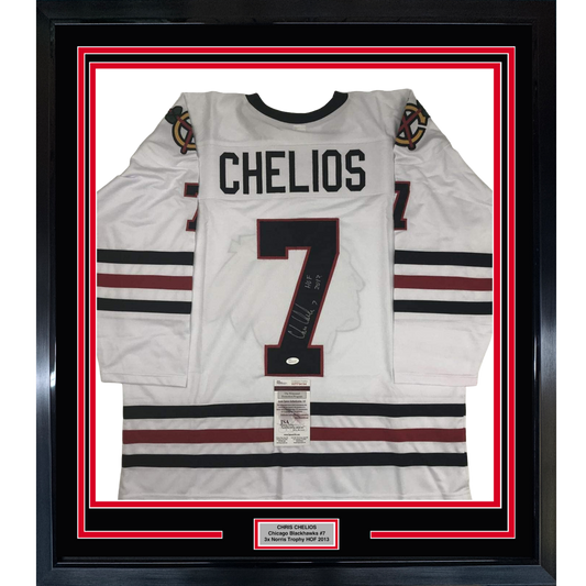 Framed Autographed/Signed Chris Chelios HOF 2013 35x39 Chicago White Hockey Jersey JSA COA
