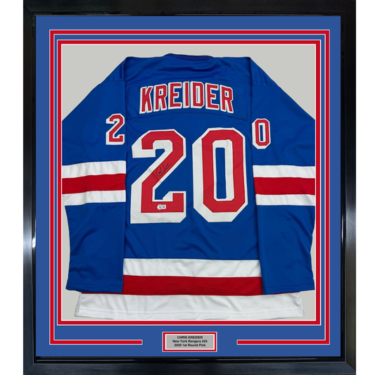 Framed Autographed/Signed Chris Kreider 35x39 New York Blue Hockey Jersey Beckett BAS COA