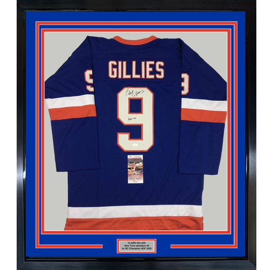 Framed Autographed/Signed Clark Gillies 35x39 New York Blue Hockey Jersey JSA COA