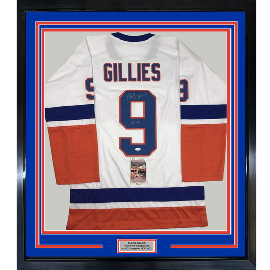 Framed Autographed/Signed Clark Gillies HOF 02 35x39 New York White Hockey Jersey JSA COA