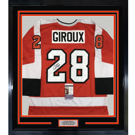 Framed Autographed/Signed Claude Giroux 35x39 Philadelphia Orange Hockey Jersey JSA COA