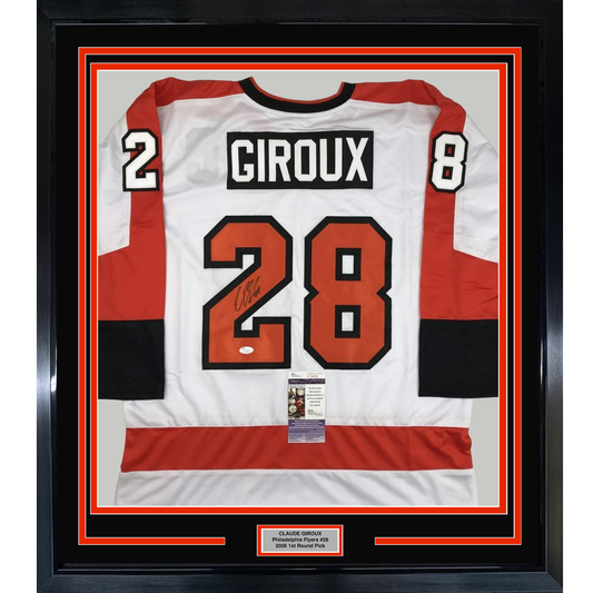 Framed Autographed/Signed Claude Giroux 35x39 Philadelphia White Hockey Jersey JSA COA