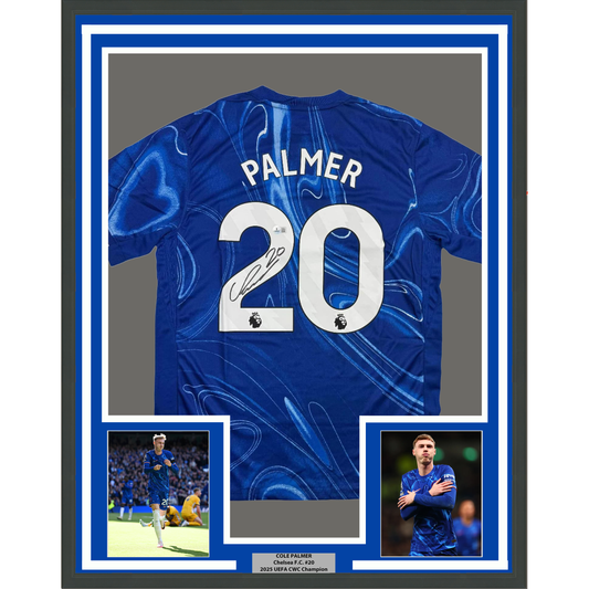 Framed Autographed/Signed Cole Palmer 35x39 Chelsea FC Blue Soccer Futbol Jersey Beckett BAS COA