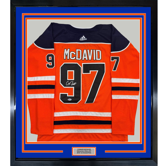Framed Autographed/Signed Connor McDavid 35x39 Edmonton Orange Hockey Jersey Beckett BAS COA