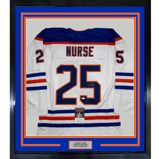 Framed Autographed/Signed Darnell Nurse 35x39 Edmonton White Hockey Jersey JSA COA