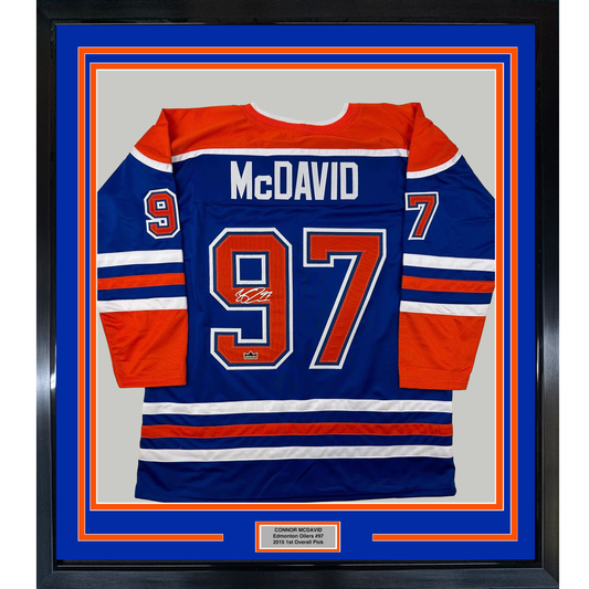 Framed Facsimile Autographed Connor McDavid 35x39 Edmonton Blue Reprint Laser Auto Hockey Jersey