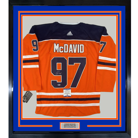 Framed Autographed/Signed Connor McDavid 35x39 Edmonton Orange Hockey Jersey Beckett BAS COA