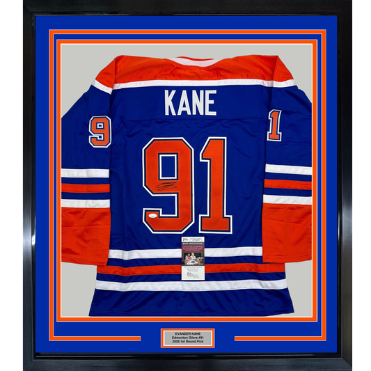 Framed Autographed/Signed Evander Kane 35x39 Edmonton Blue Hockey Jersey JSA COA