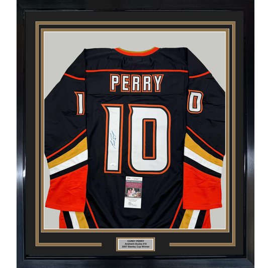 Framed Autographed/Signed Corey Perry 35x39 Anaheim Black Hockey Jersey JSA COA