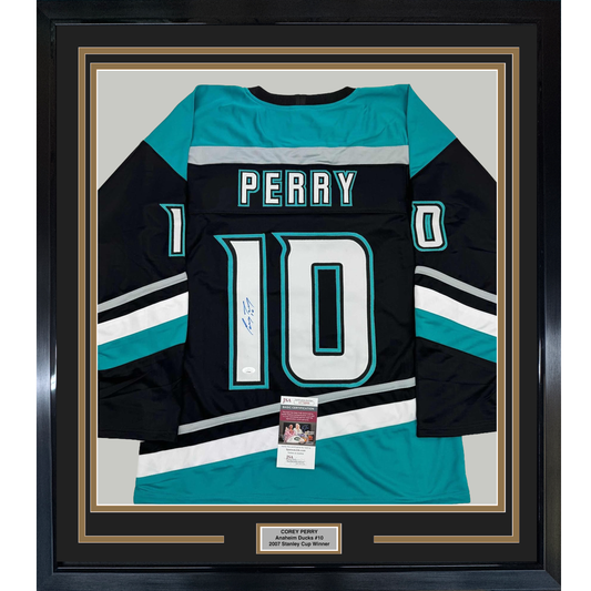 Framed Autographed/Signed Corey Perry 35x39 Anaheim Black Retro Hockey Jersey JSA COA