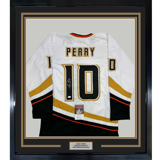 Framed Autographed/Signed Corey Perry 35x39 Anaheim White Hockey Jersey JSA COA