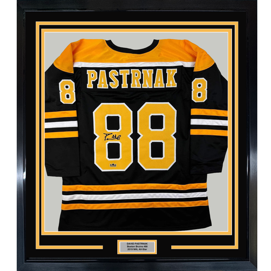 Framed Facsimile Autographed David Pastrnak 35x39 Boston Black Reprint Laser Auto Hockey Jersey