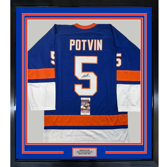 Framed Autographed/Signed Denis Potvin 35x39 New York Blue Hockey Jersey JSA COA