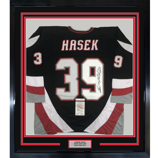 Framed Autographed/Signed Dominik Hasek HOF 14 35x39 Buffalo Black Hockey Jersey JSA COA