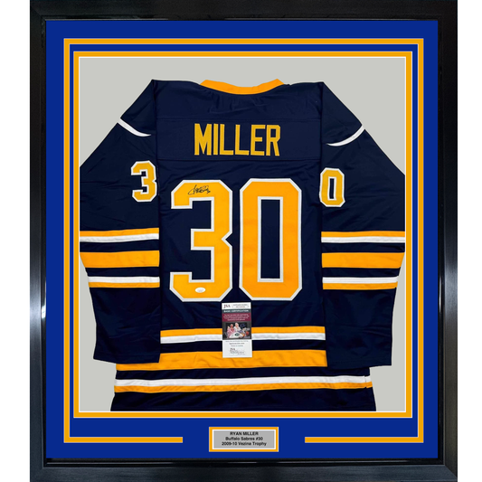 Framed Autographed/Signed Ryan Miller 35x39 Buffalo Blue Hockey Jersey JSA COA