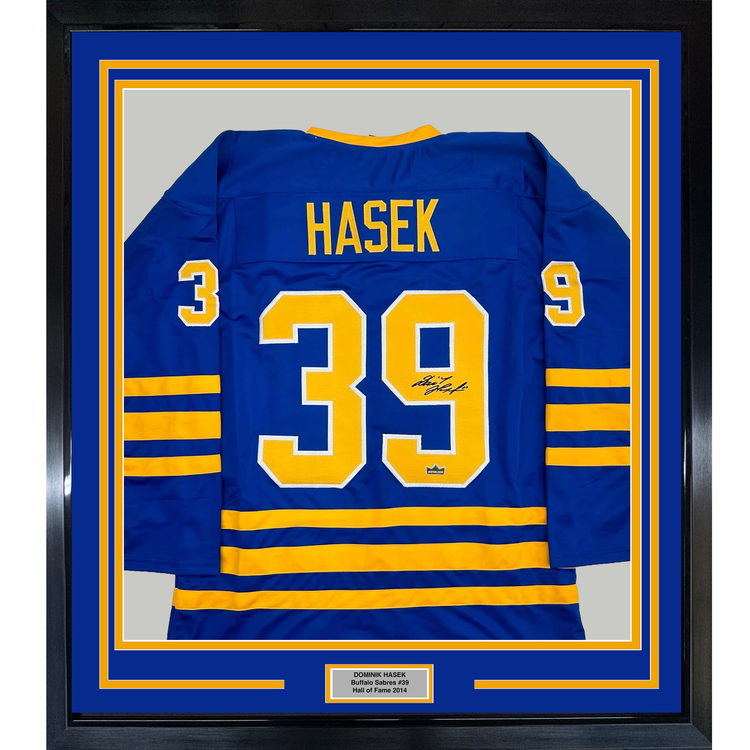 Framed Facsimile Autographed Dominik Hasek 35x39 Buffalo Blue Reprint Laser Auto Hockey Jersey