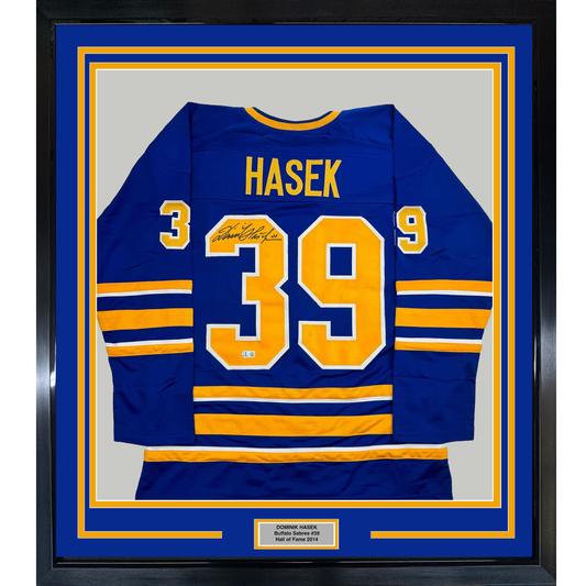 Framed Autographed/Signed Dominik Hasek 35x39 Buffalo Blue Hockey Jersey Beckett BAS COA