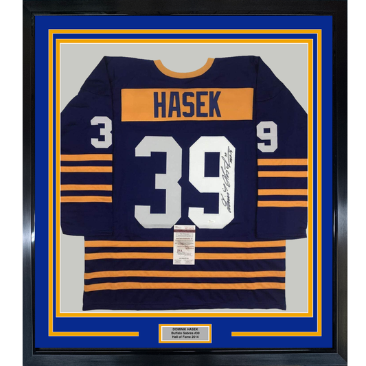 Framed Autographed/Signed Dominik Hasek HOF 14 35x39 Buffalo Alternate Blue Hockey Jersey JSA COA
