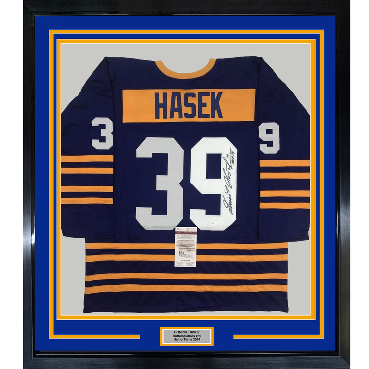 Framed Autographed/Signed Dominik Hasek HOF 14 35x39 Buffalo Alternate Blue Hockey Jersey JSA COA